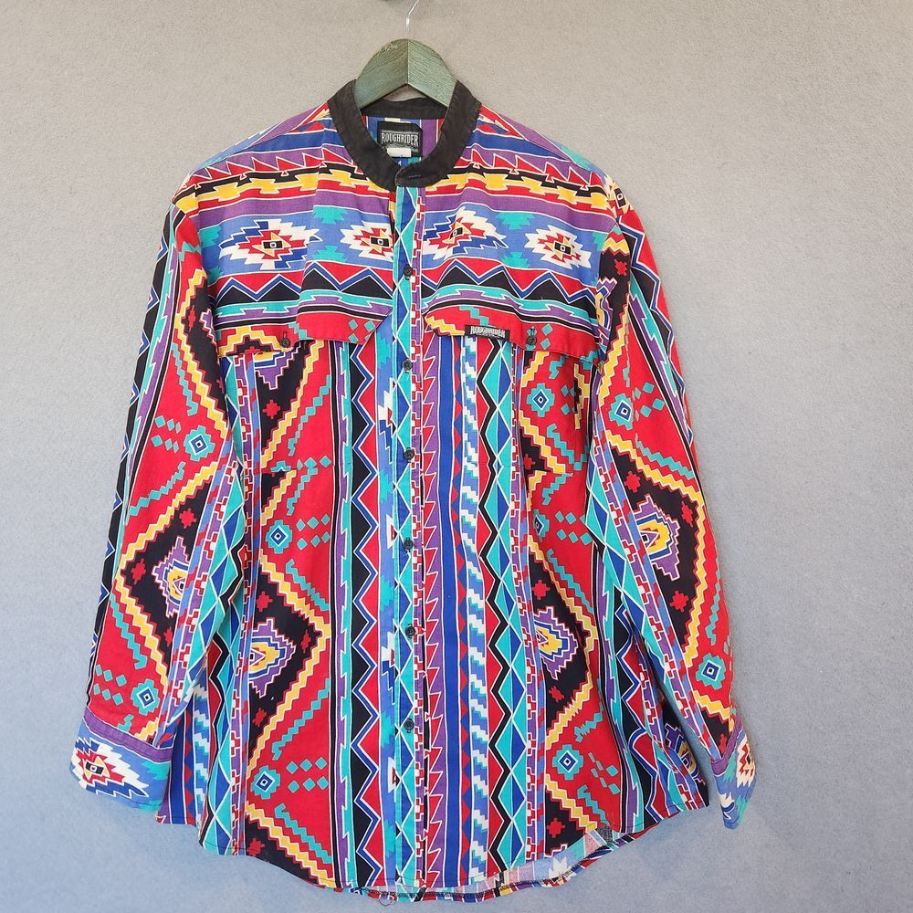Vintage Roughrider by Circle T Mens Shirt Popover Bright Aztec Western Rodeo USA